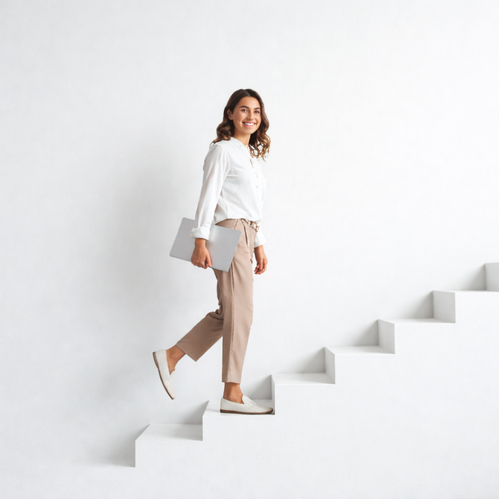 Smiling woman holding a laptop